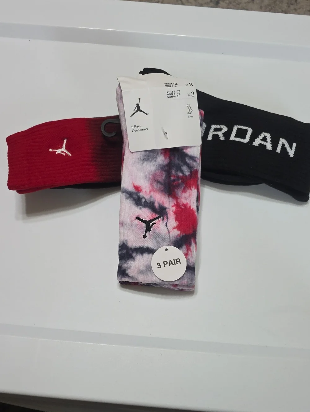Jordan 3-Pack Crew Socks - Red, Black, Tie-Dye